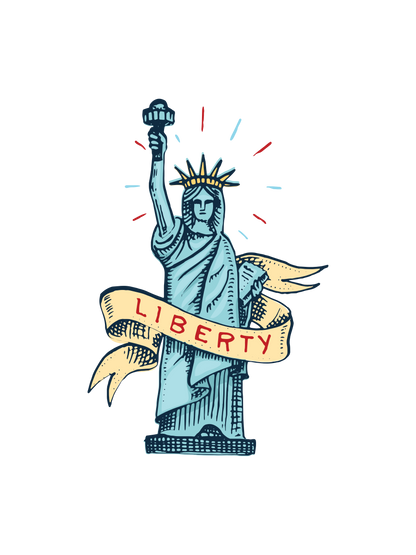 A graphic for the 4th of July featuring the Statue of Liberty with a banner reading &