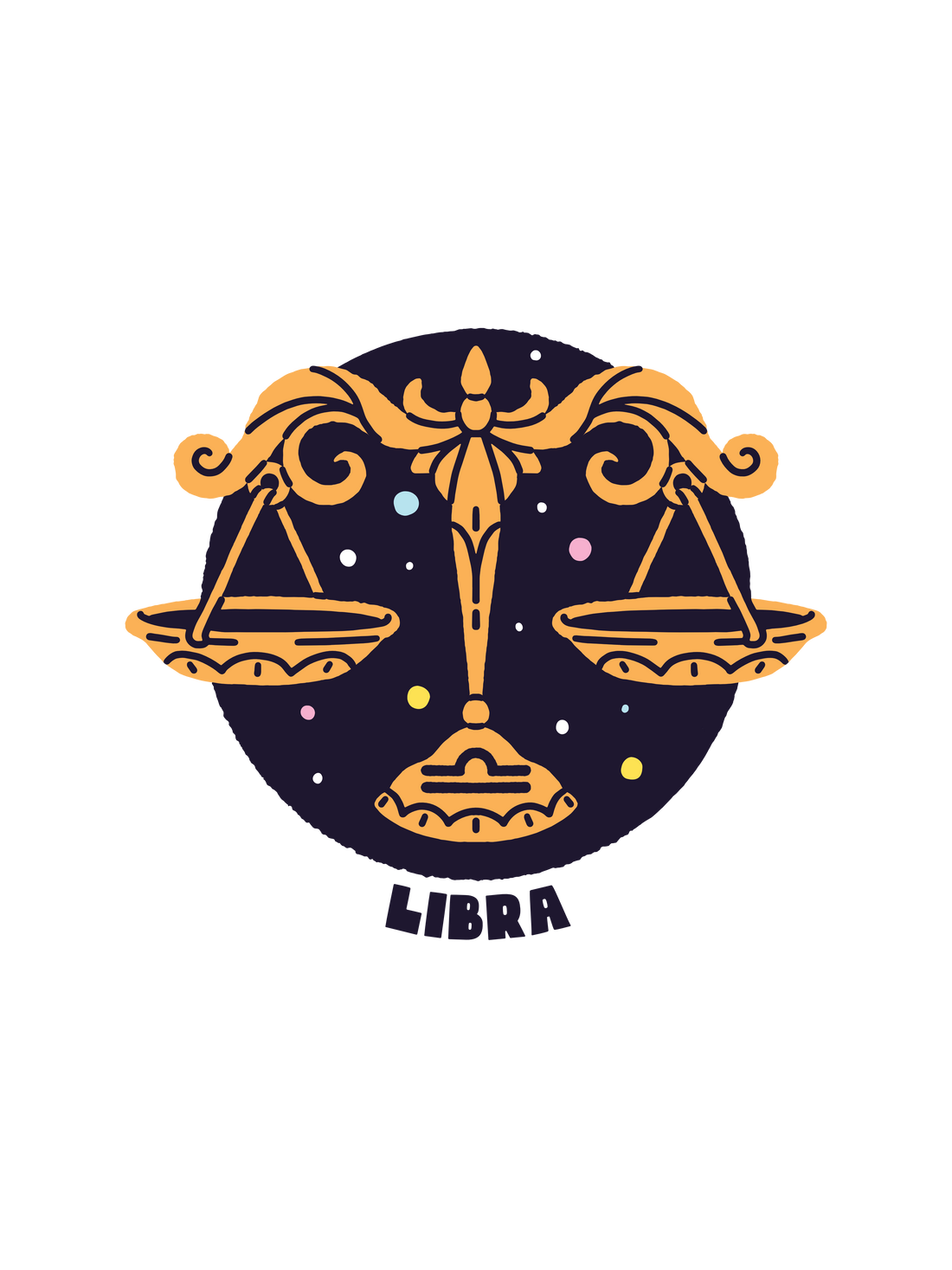 A graphic featuring a Libra astrology sign with a scale and the word "LIBRA".