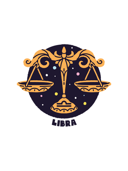 A graphic featuring a Libra astrology sign with a scale and the word "LIBRA".