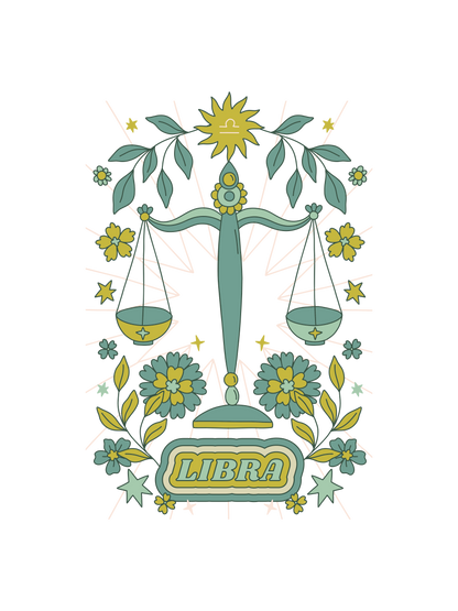 A graphic of a scale of justice Libra surrounded by yellow flowers and green leaves, with the word &