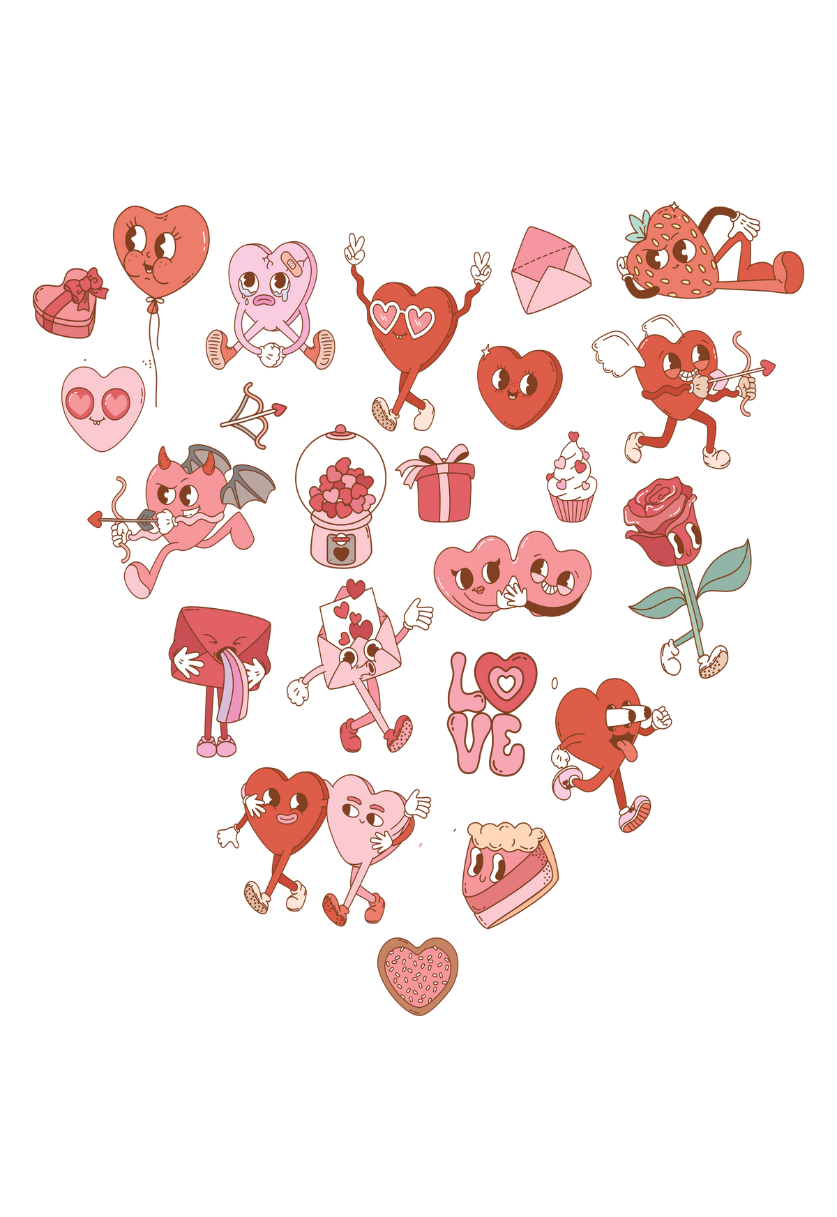 A heart-shaped graphic made of cute cartoon hearts, roses, and Valentine-themed illustrations in red, pink, and white tones.