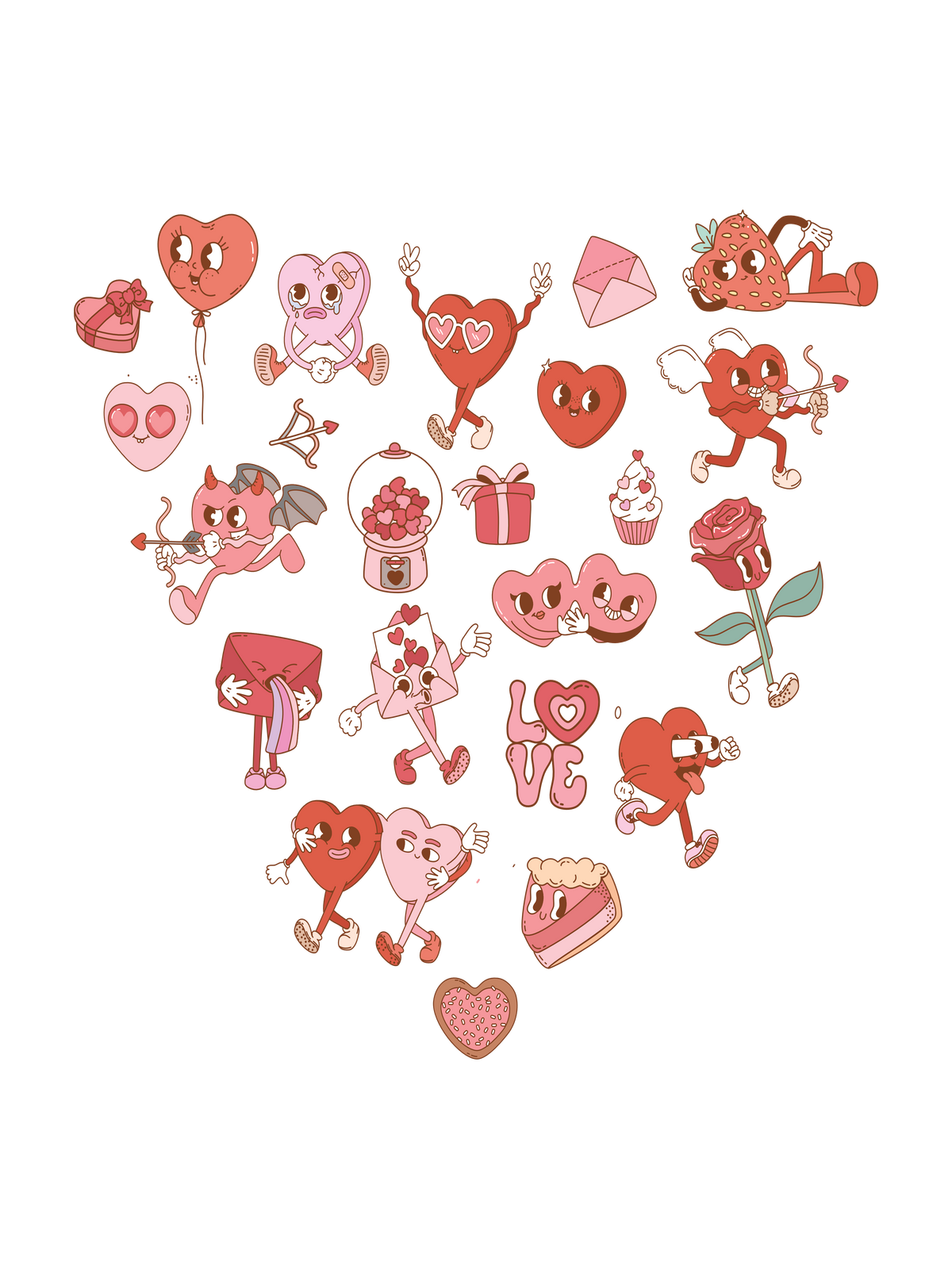A heart-shaped graphic made of cute cartoon hearts, roses, and Valentine-themed illustrations in red, pink, and white tones.