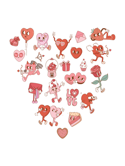 A heart-shaped graphic made of cute cartoon hearts, roses, and Valentine-themed illustrations in red, pink, and white tones.