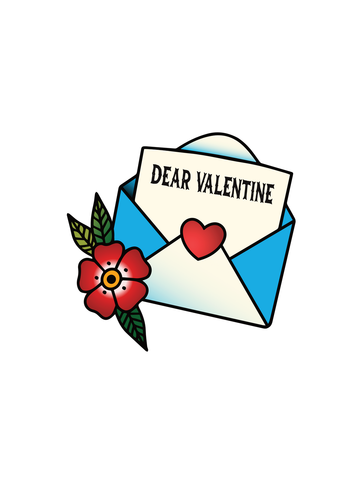 A traditional tattoo graphic of a red flower, a blue and white envelope, and a Valentine&