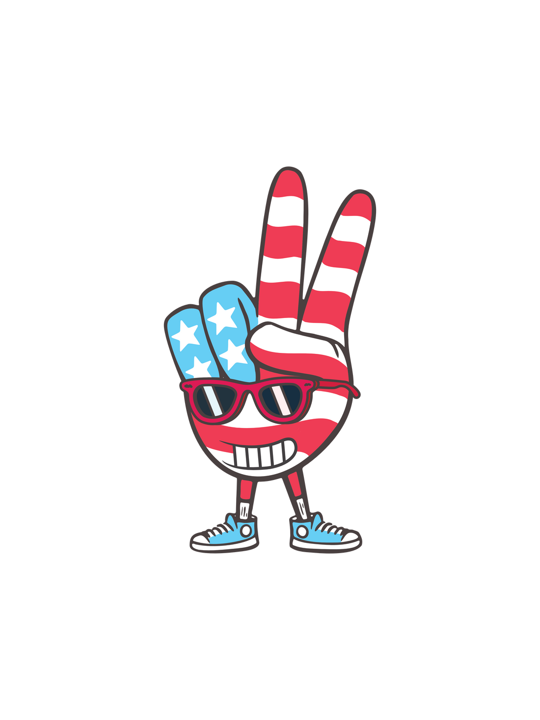A 4th of July cartoon graphic of a hand making a peace sign with red and white stripes and blue accents, set against a plain white background.