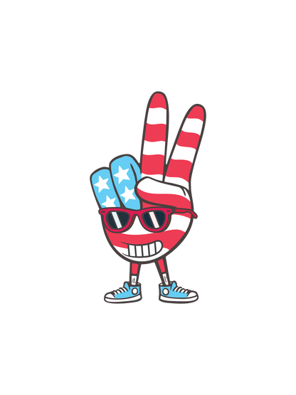 A 4th of July cartoon graphic of a hand making a peace sign with red and white stripes and blue accents, set against a plain white background.