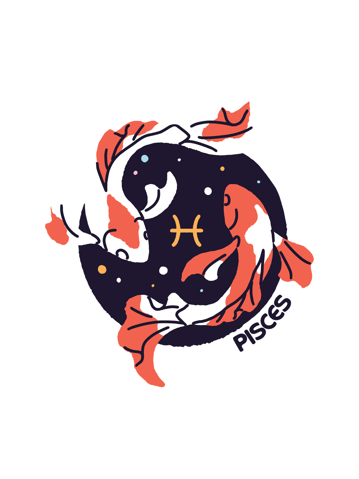 A graphic featuring two orange Pisces koi fish with the word "Pisces" and the zodiac sign.