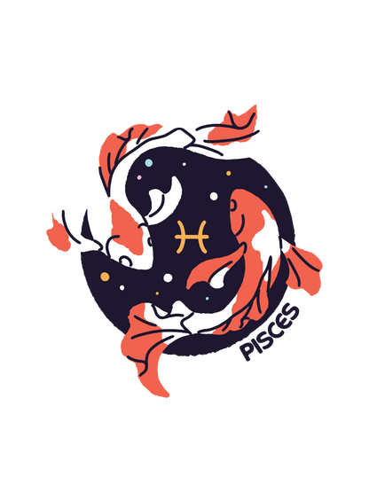 A graphic featuring two orange Pisces koi fish with the word "Pisces" and the zodiac sign.