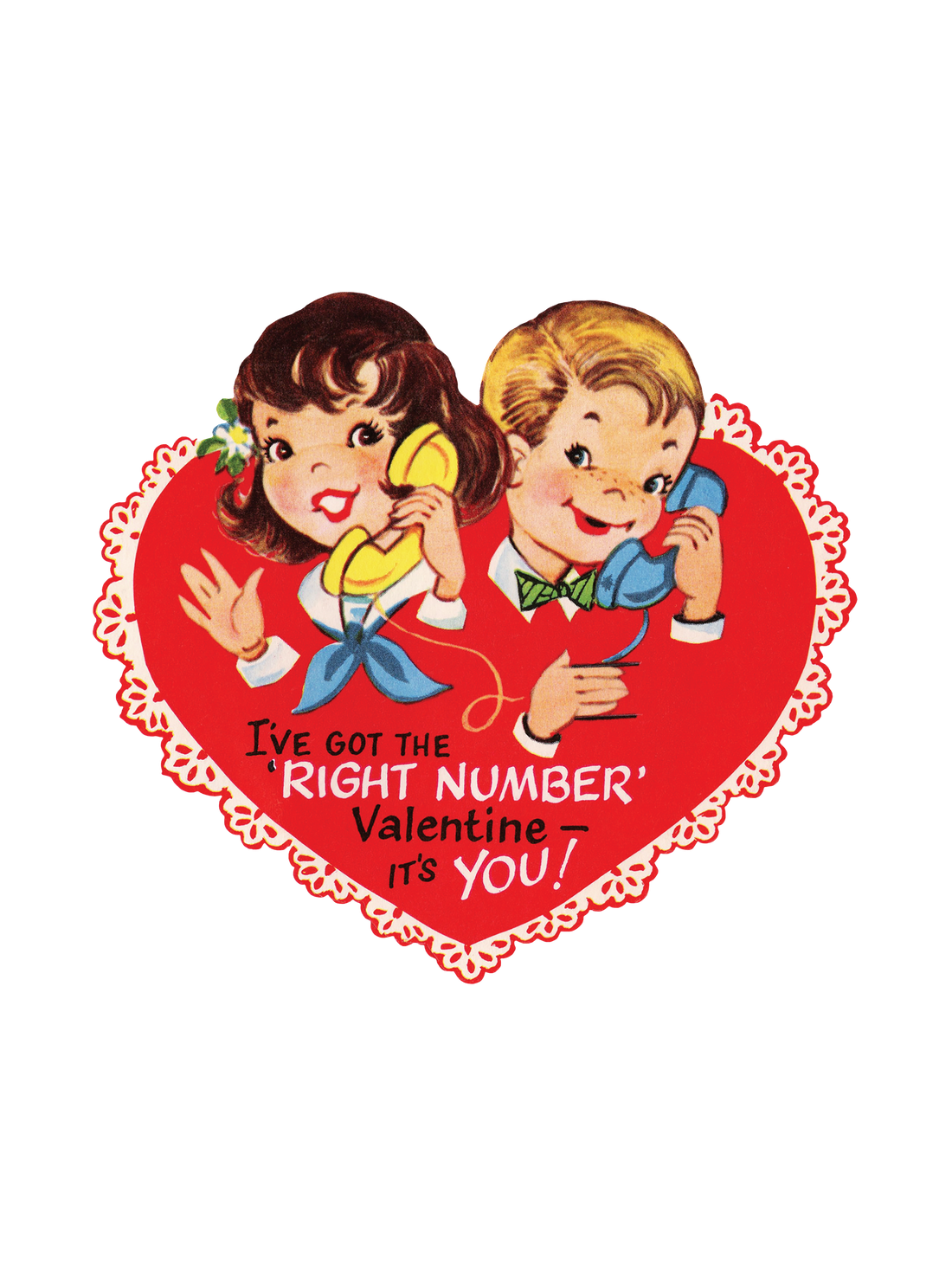 A retro-style red heart graphic with cartoon characters and the text &