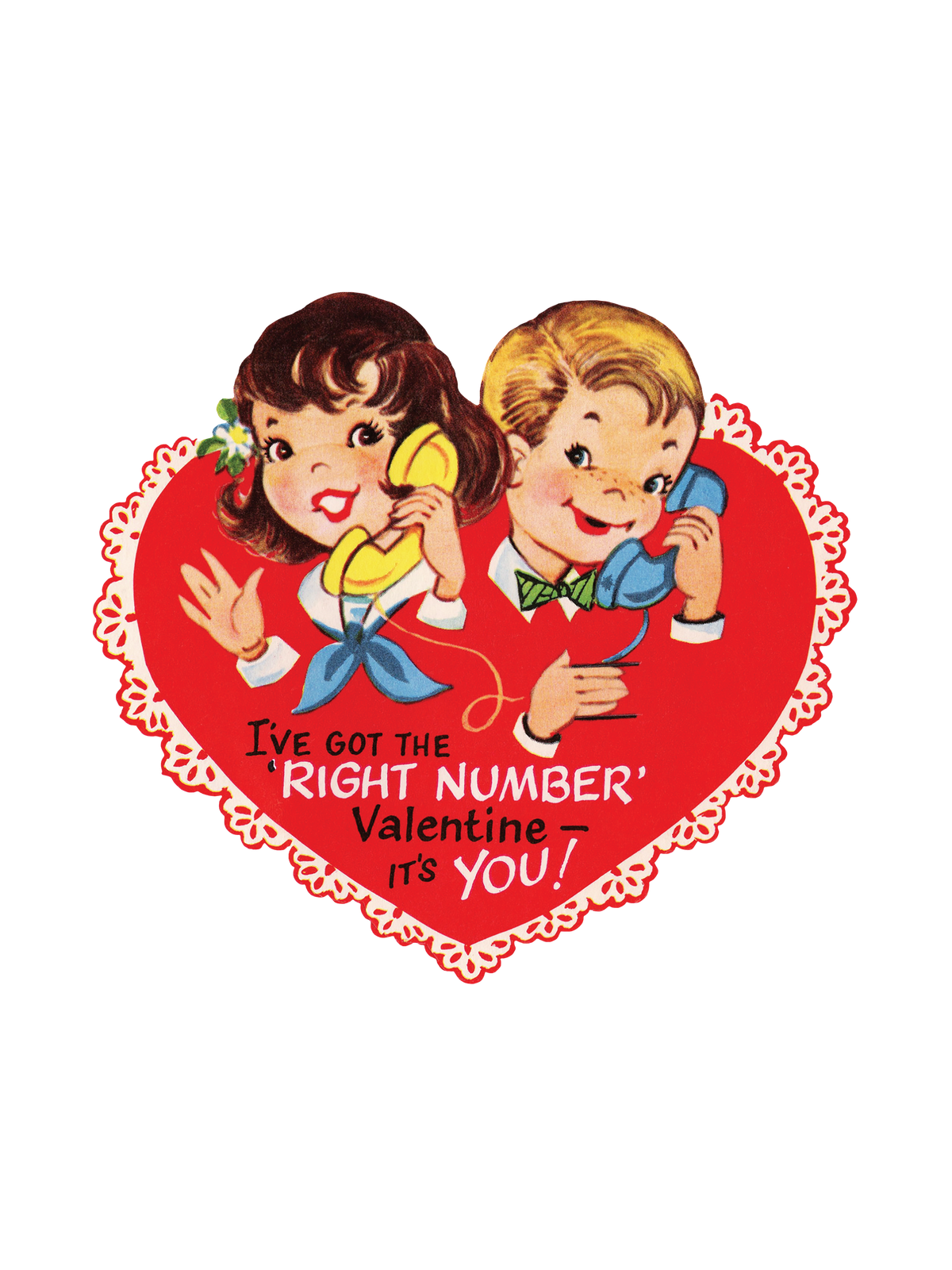 A retro-style red heart graphic with cartoon characters and the text &