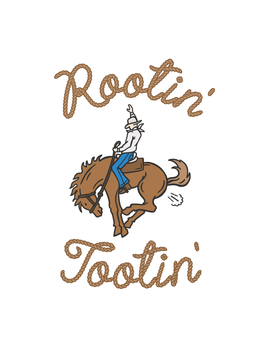 A graphic of a cowboy riding a bucking horse, farting and the words Rootin&