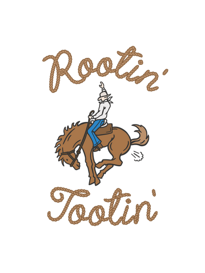 A graphic of a cowboy riding a bucking horse, farting and the words Rootin&