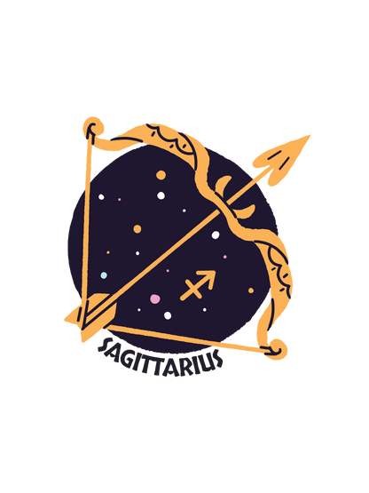 A graphic featuring a Sagittarius zodiac bow and arrow, with the text "SAGITTARIUS".