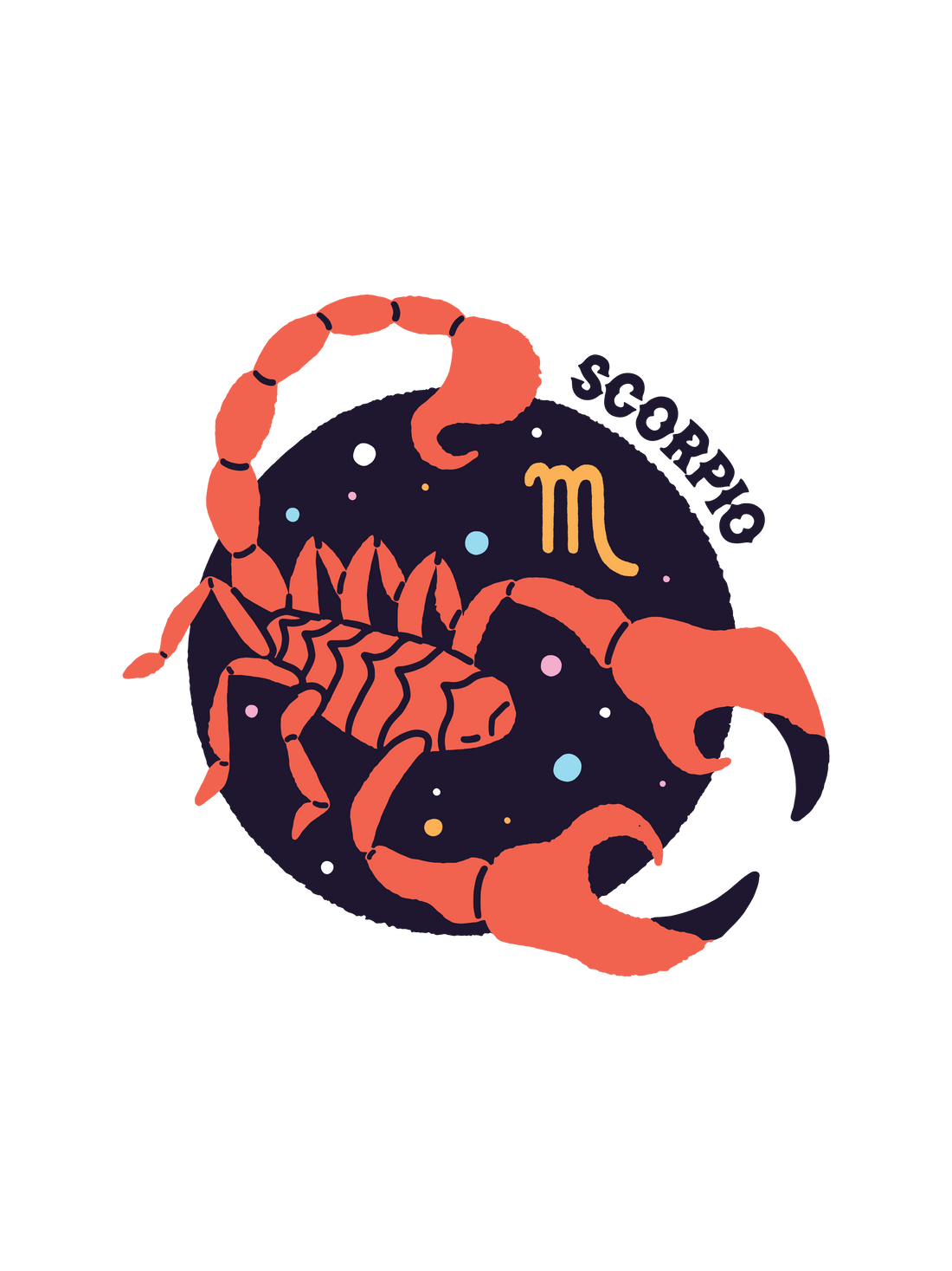 A graphic of a scorpion Scorpio astrology sign in orange and dark blue with the Zodiac &