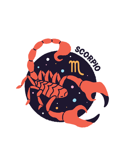 A graphic of a scorpion Scorpio astrology sign in orange and dark blue with the Zodiac &