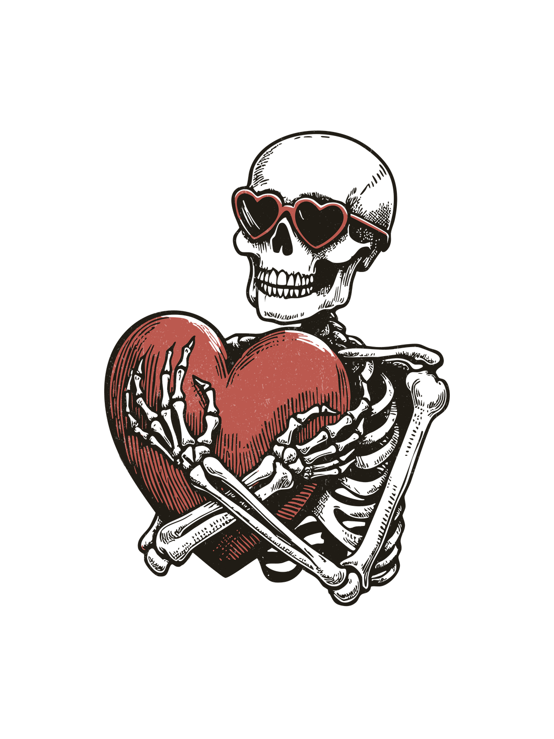 A graphic of a Halloween or Valentine skeleton wearing sunglasses and hugging a red heart.