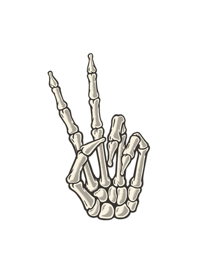 A Halloween skeleton hand graphic making a peace sign.