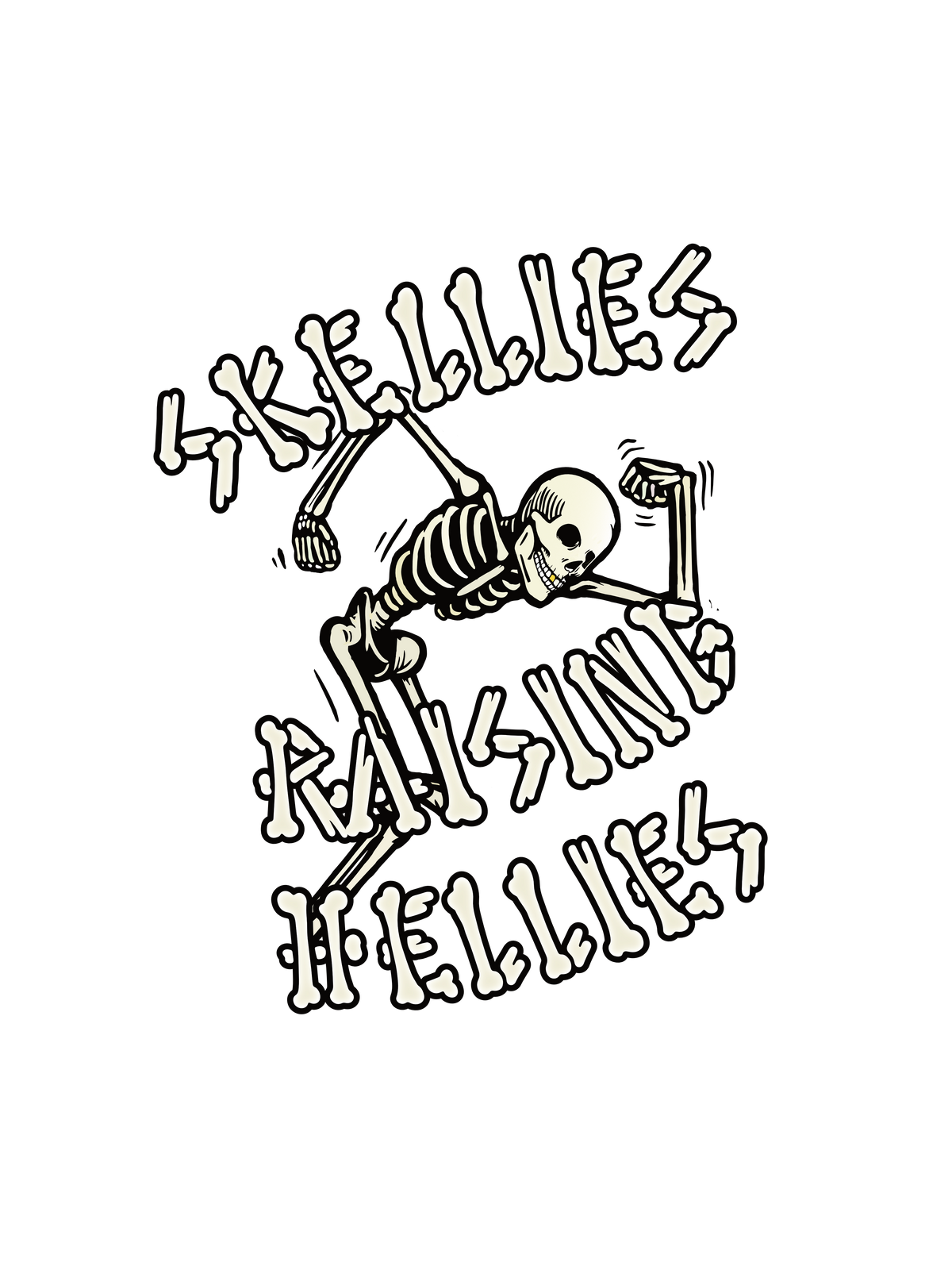 A Halloween graphic print on the chest featuring a skeleton and the text &