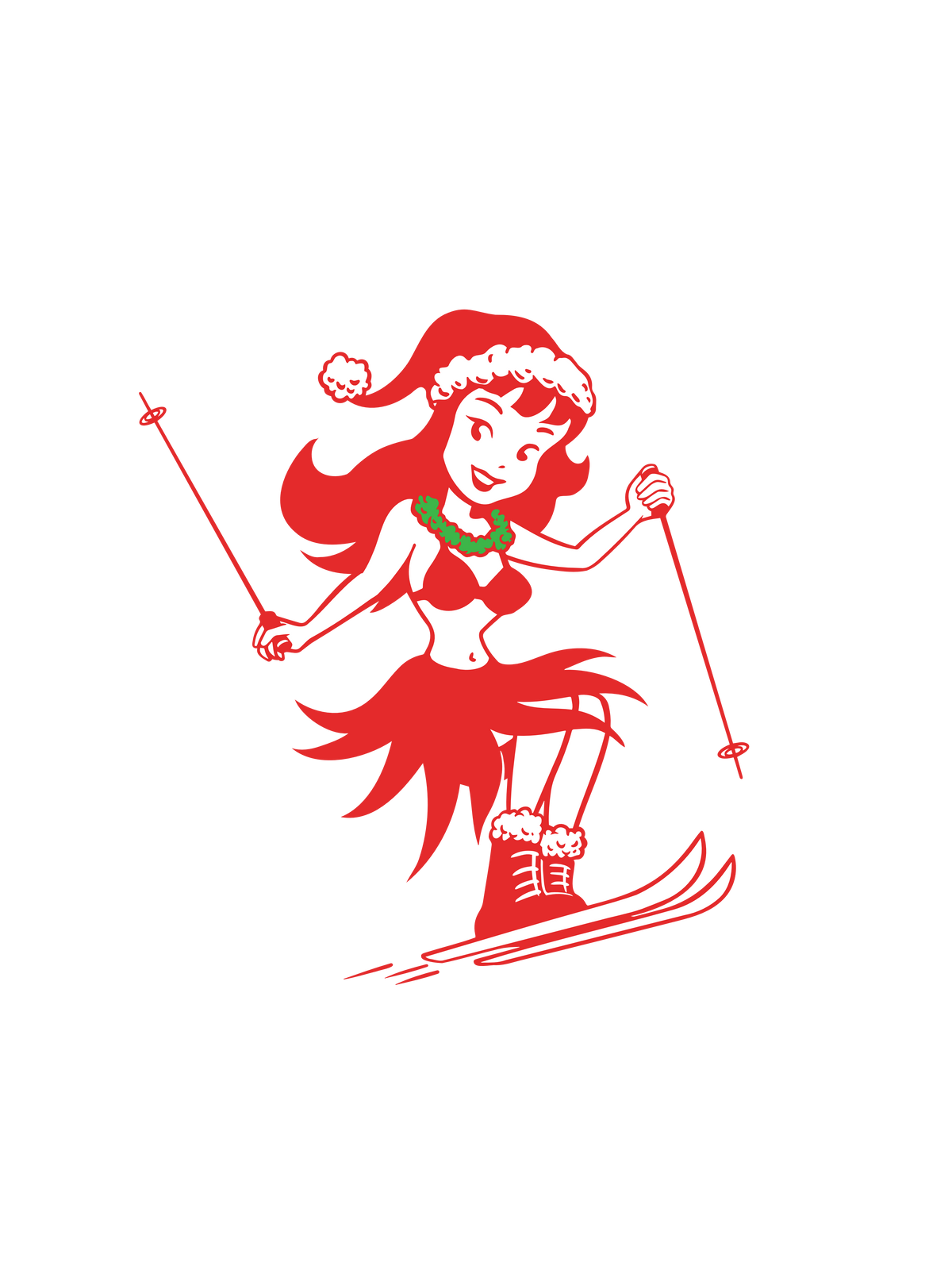 A red and white graphic of a woman skiing in a Santa hat, for Christmas.
