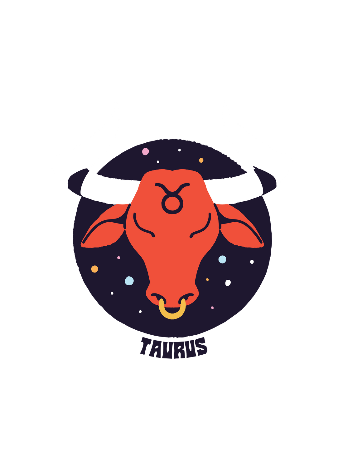 A graphic of the Taurus astrology sign, with an orange bull head and white horns inside a dark starry circle.