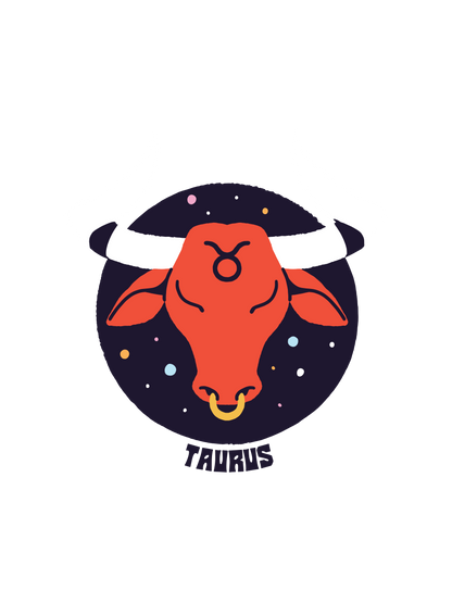 A graphic of the Taurus astrology sign, with an orange bull head and white horns inside a dark starry circle.