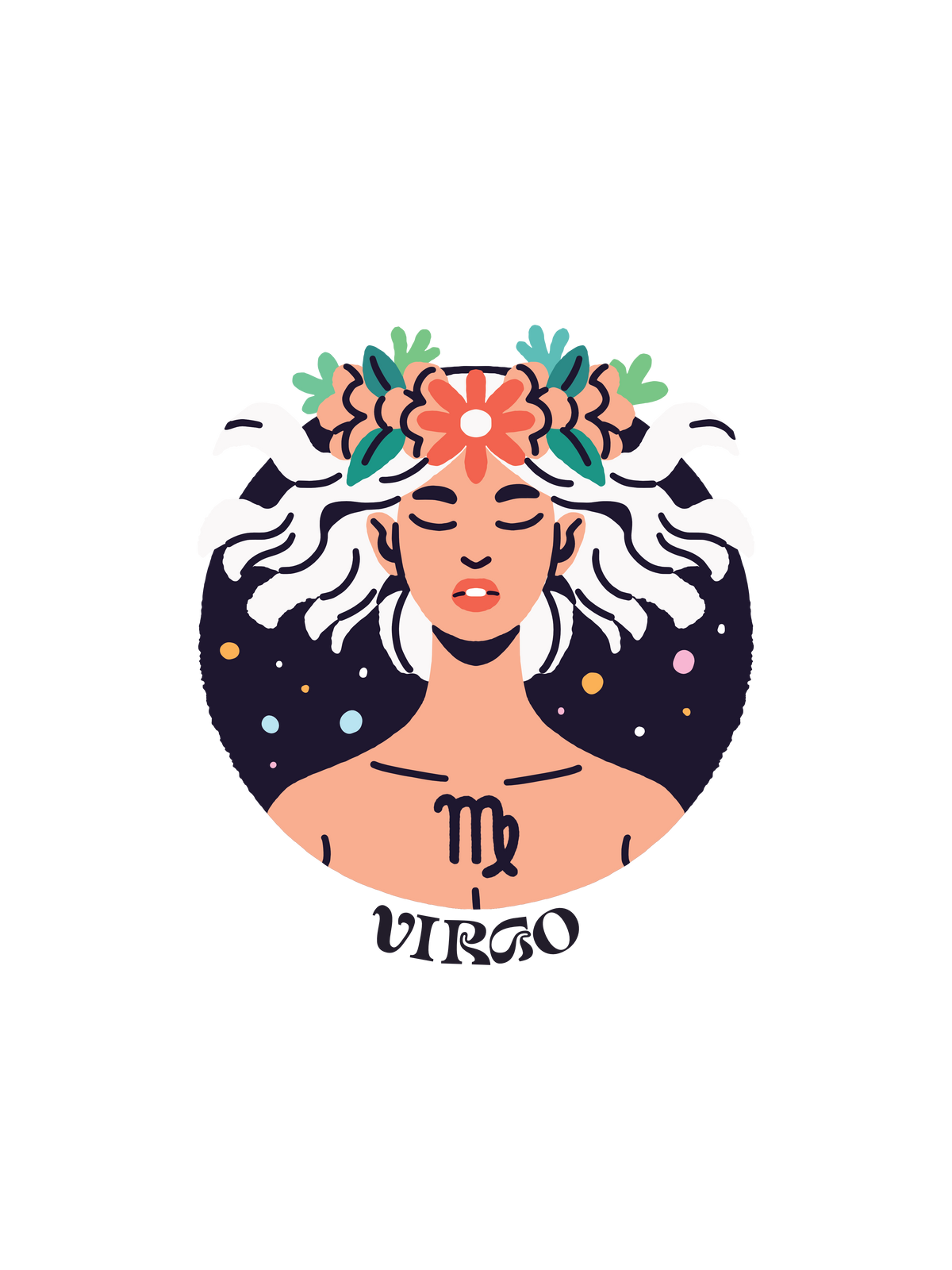 A graphic of a woman with white hair, a floral crown, and the Virgo astrology symbol and "VIRGO" printed below.
