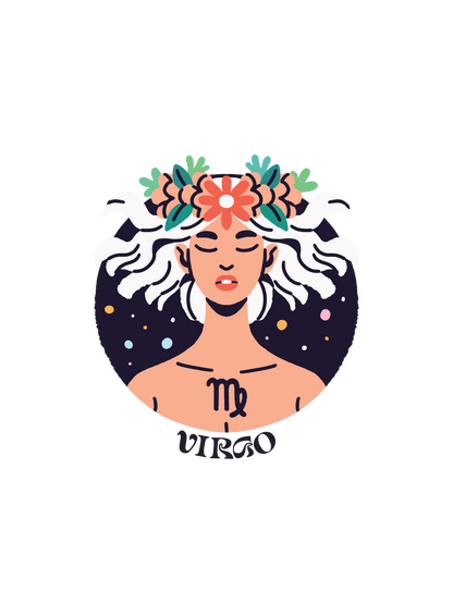 A graphic of a woman with white hair, a floral crown, and the Virgo astrology symbol and "VIRGO" printed below.