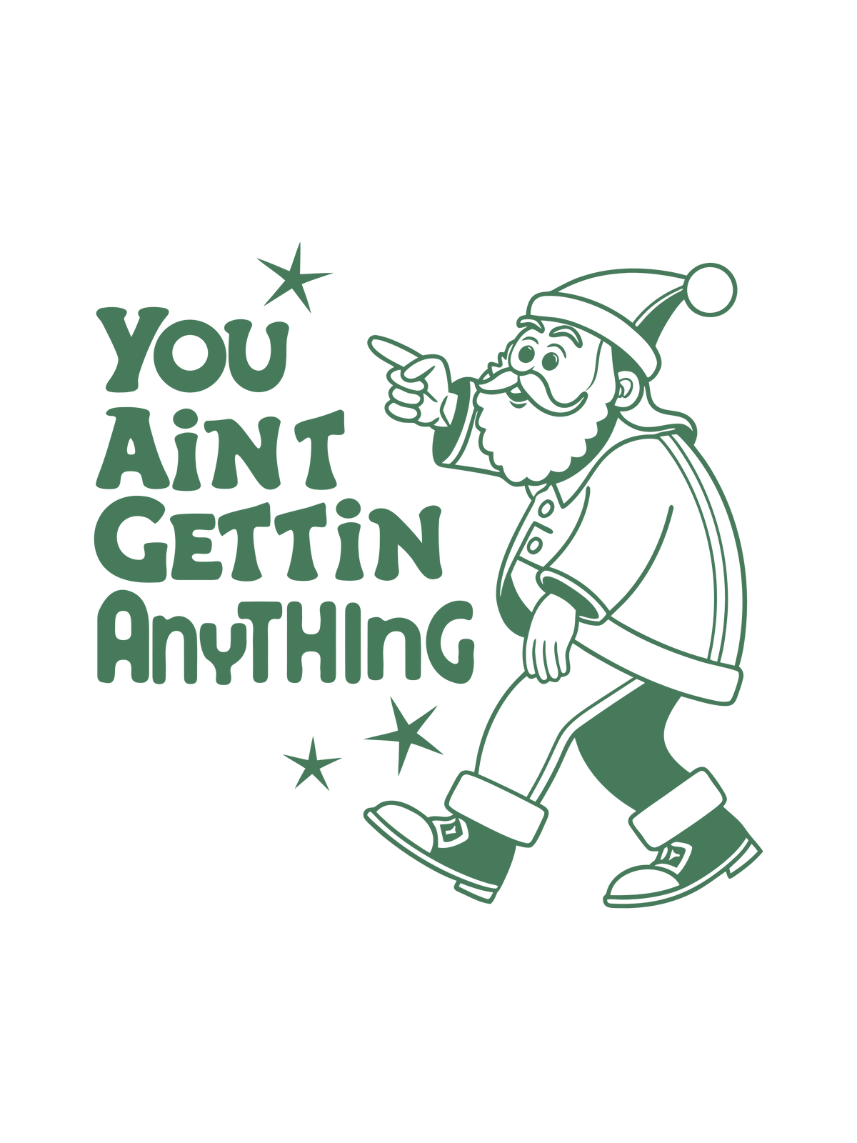 A Christmas graphic print of a pointing Santa and the text &