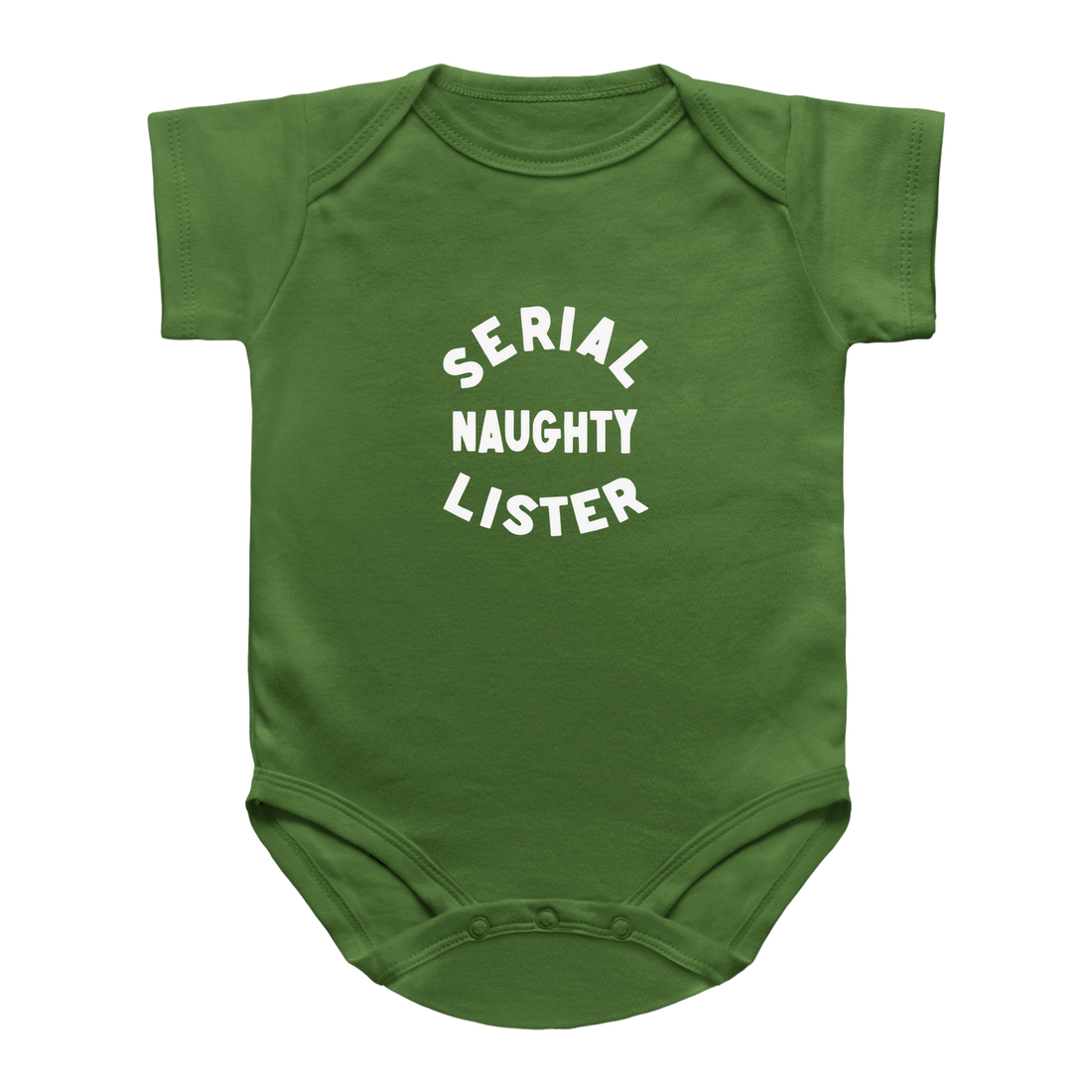 A green short-sleeve infant onesie with white text reading &