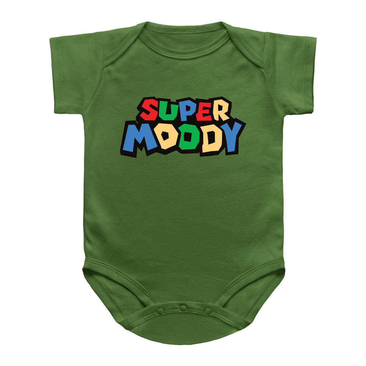 A green infant onesie featuring a mario retro graphic on the chest that reads &