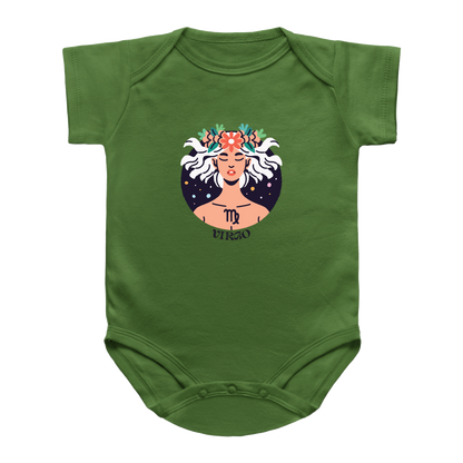 A green infant onesie featuring a central graphic of a woman with white hair, a floral crown, and the Virgo zodiac symbol and name printed below.