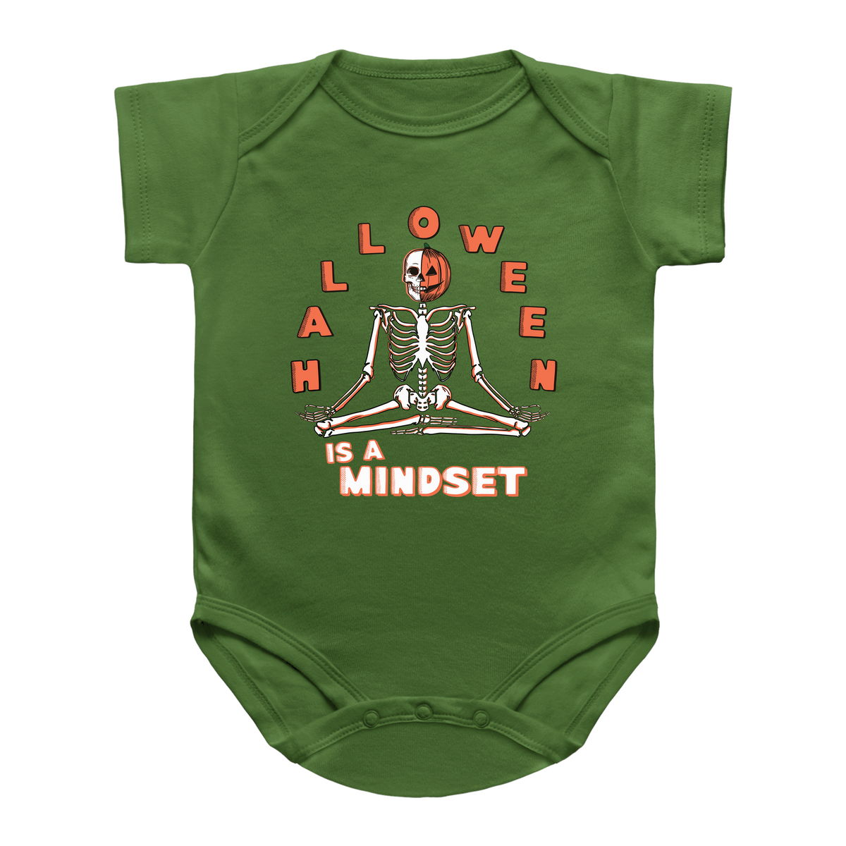 A green short-sleeve infant onesie featuring a Halloween-themed graphic of a meditating skeleton with a jack-o&