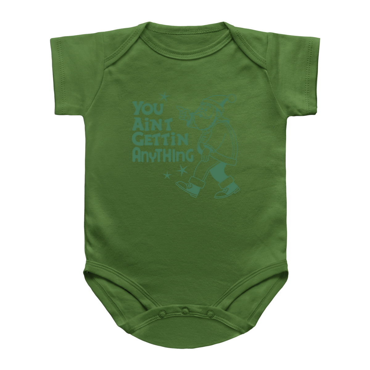 A green Christmas infant bodysuit with a graphic print of a pointing Santa and the text &