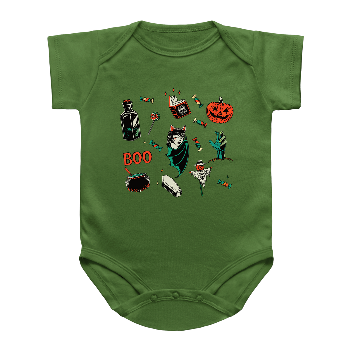 A green short-sleeve infant bodysuit with various Halloween-themed graphics of a jack-o&