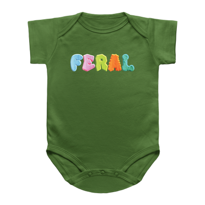 A green short-sleeve infant bodysuit featuring the word &