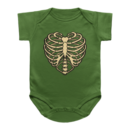 A green short-sleeve baby bodysuit featuring a beige and brown rib cage graphic on the chest, displayed against a solid white background.
