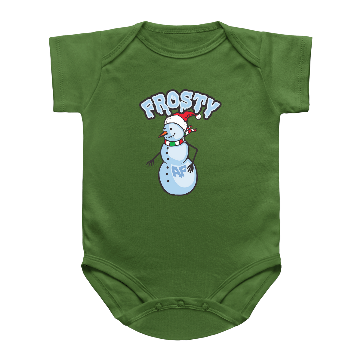 A green short-sleeve baby bodysuit featuring a snowman Santa, and the phrase &