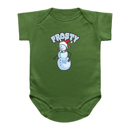 A green short-sleeve baby bodysuit featuring a snowman Santa, and the phrase &