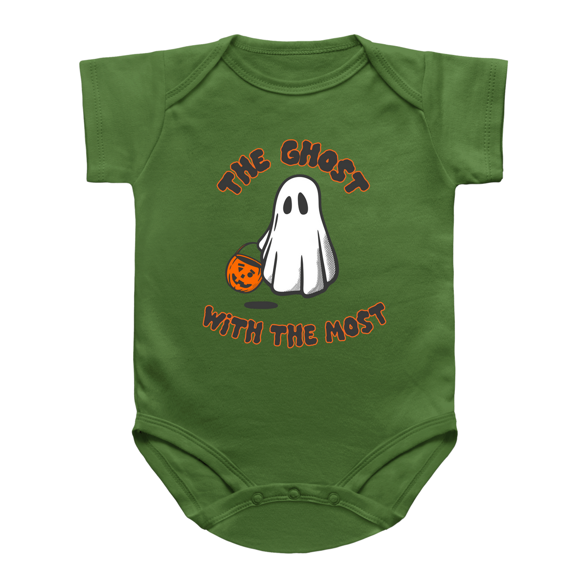 A green infant onesie featuring a Halloween graphic of a white ghost holding an orange pumpkin, with the text &