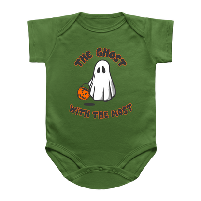 A green infant onesie featuring a Halloween graphic of a white ghost holding an orange pumpkin, with the text &