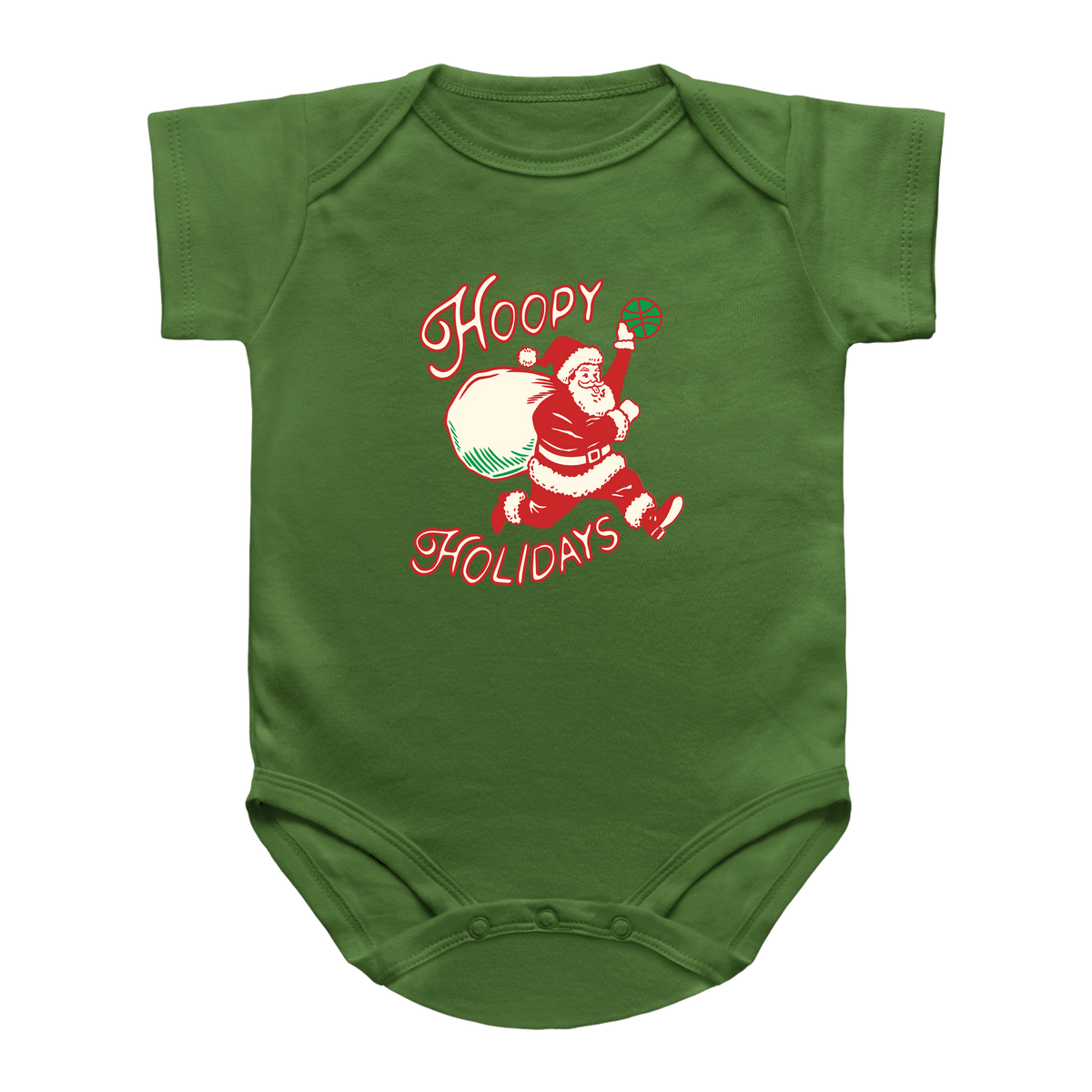 A green short-sleeve infant onesie featuring a vintage-style graphic of Santa Claus dunking a basketball with the text &