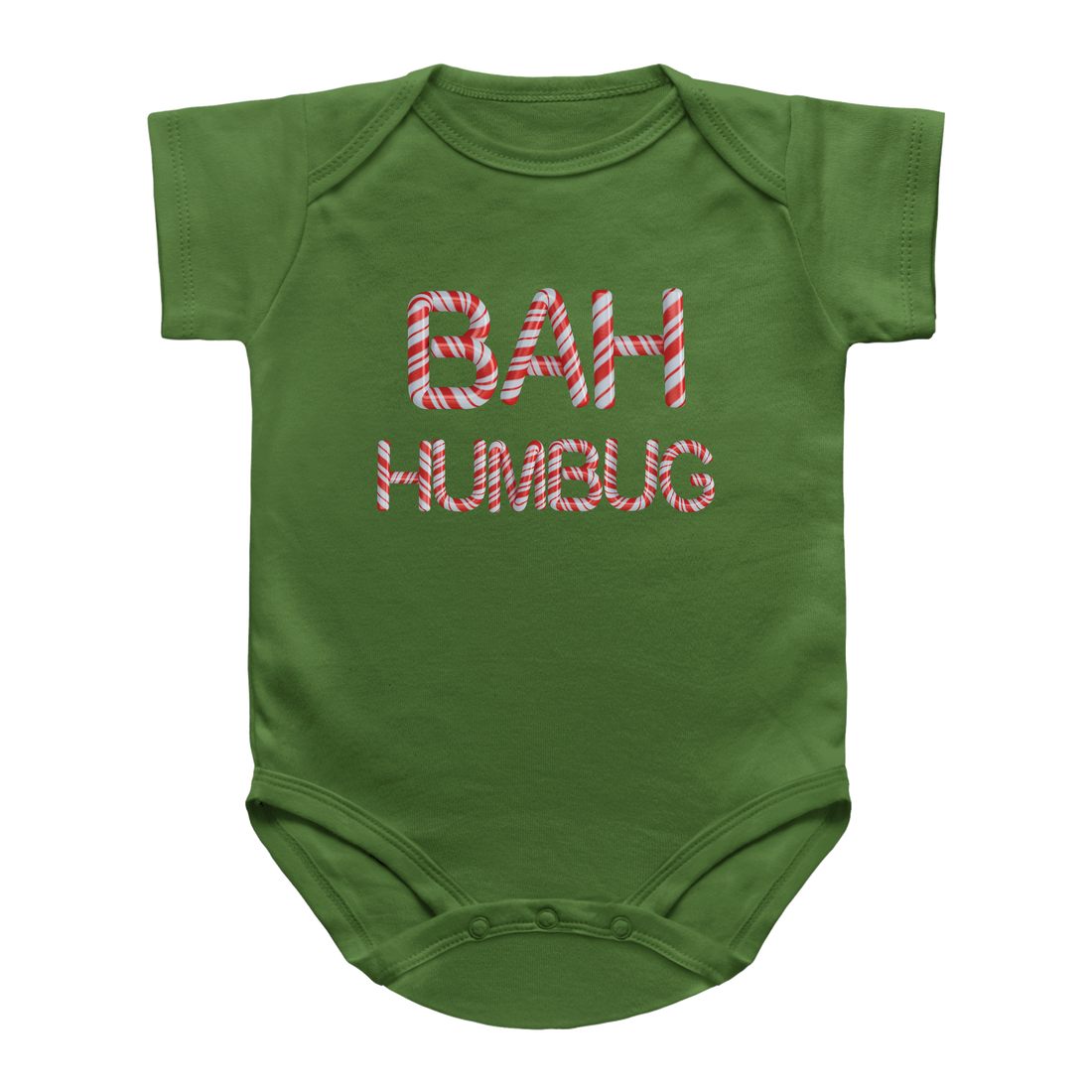 A green short-sleeve infant onesie with &