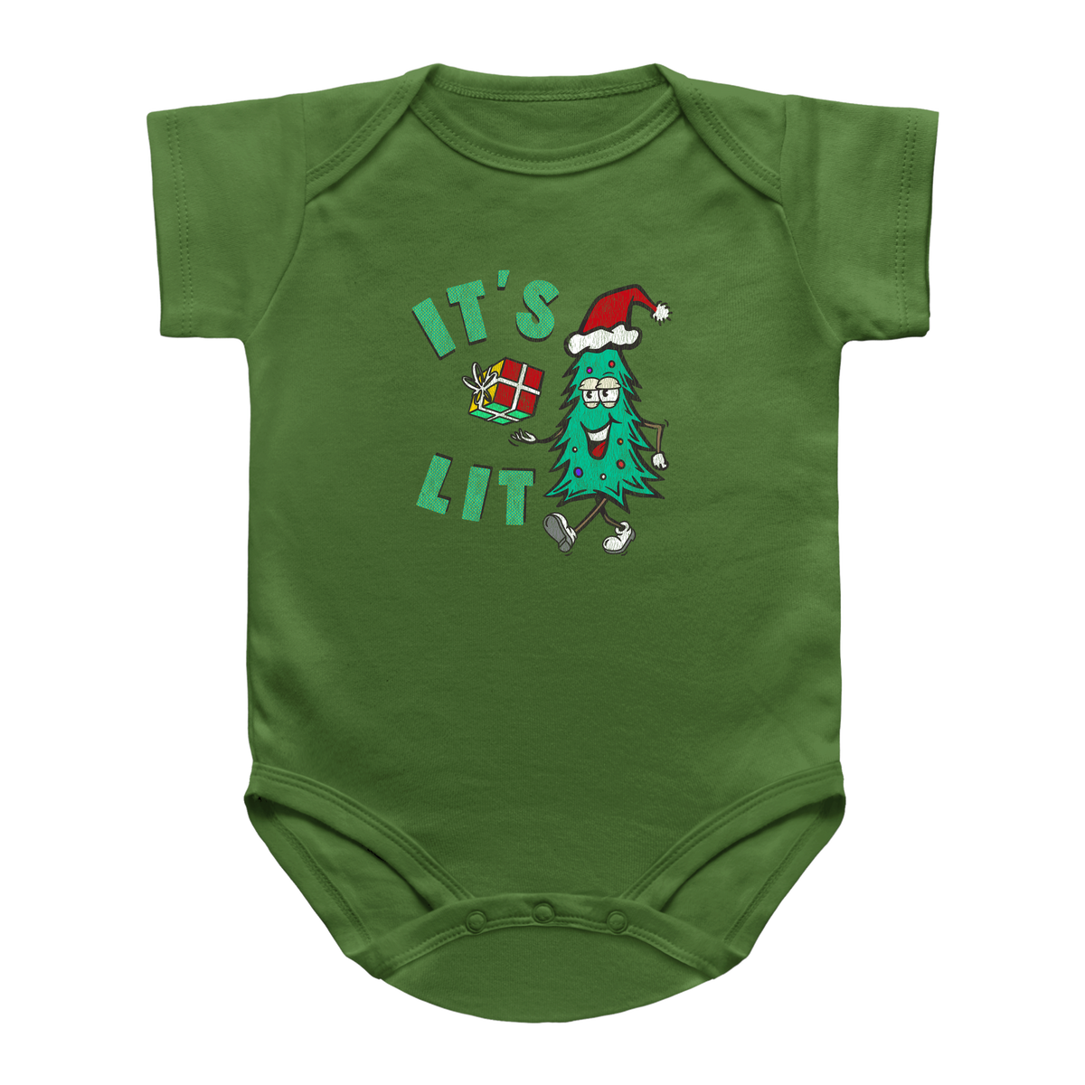 A green Christmas short-sleeve baby bodysuit featuring a festive graphic on the chest with the text &