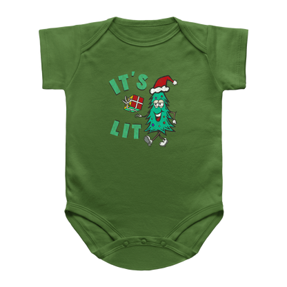 A green Christmas short-sleeve baby bodysuit featuring a festive graphic on the chest with the text &