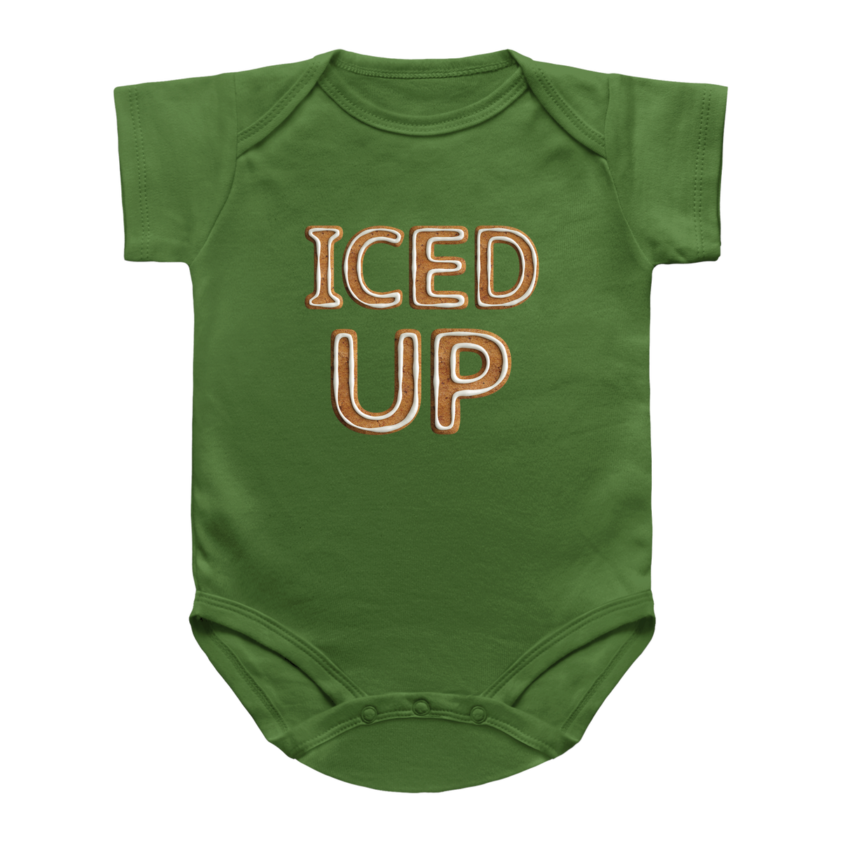 A green baby bodysuit with the words &