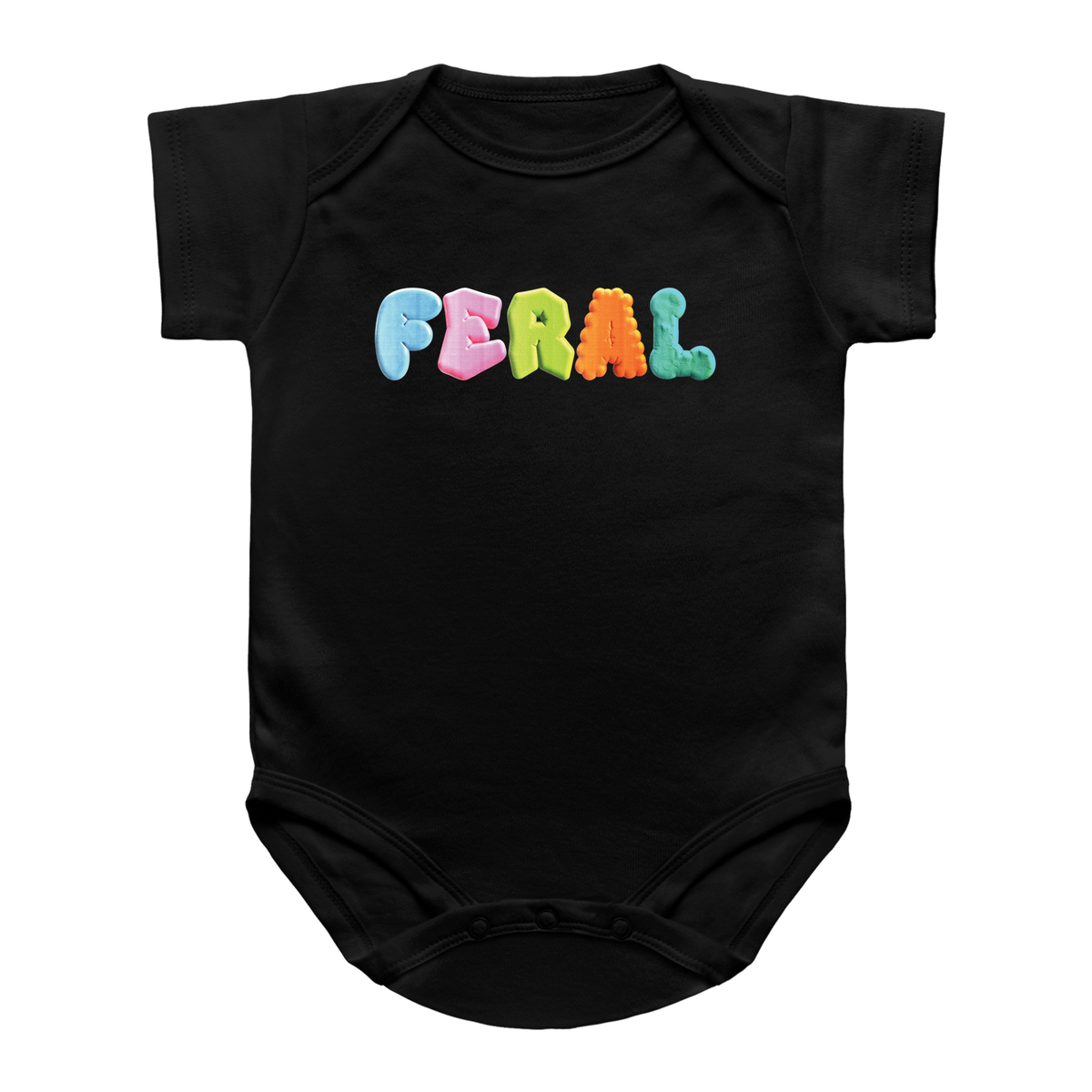 A black short-sleeve baby bodysuit featuring the word &