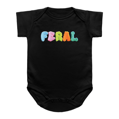 A black short-sleeve baby bodysuit featuring the word &