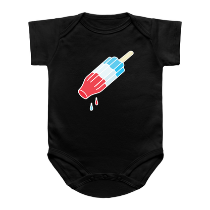 A black short-sleeve baby bodysuit featuring a graphic of a rocket pop with red, white, and blue stripes. Meant for the 4th of July summer.