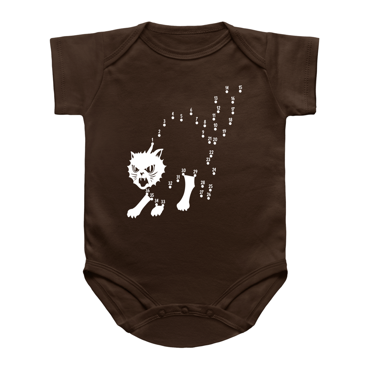 A dark brown Halloween short-sleeve infant bodysuit featuring a connect-the-dots graphic of a cat&