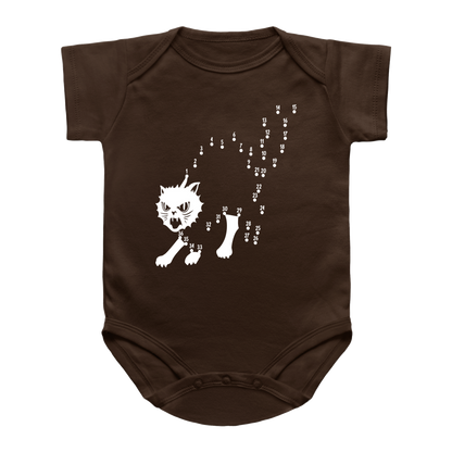 A dark brown Halloween short-sleeve infant bodysuit featuring a connect-the-dots graphic of a cat&